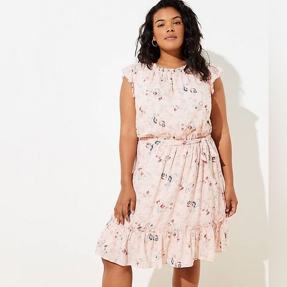 LOFT Ann Taylor Dress Womens Medium Pink Floral Clip Dot Flounce Prairie Cottage - Picture 1 of 12